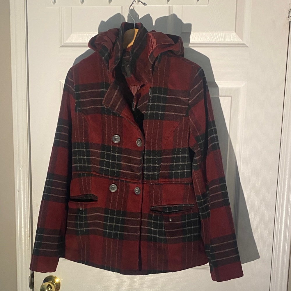 Aeropostale Red and Black Plaid Pea Coat